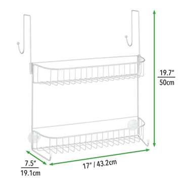 mDesign Extra Wide Metal Wire Over The Bathroom Shower Door Caddy, Hanging Storage Organizer with Built-in Hooks and Baskets on 2 Levels for Shampoo, Body Wash, Loofahs, Rust Resistant - White