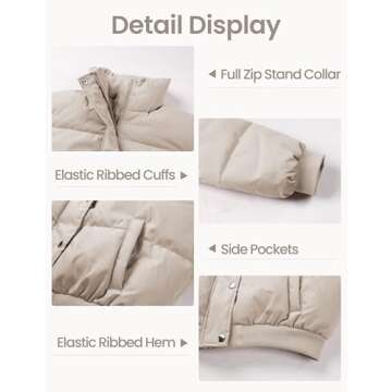 Lianlive Cropped Puffer Jacket Womens Zip Up Black Crop Puffy Winter Coats (Khaki-S)