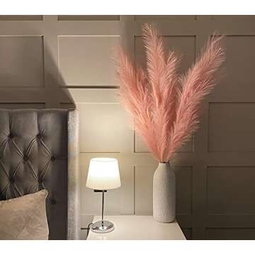 VOULUX Pink Fake Artificial Faux Pampas Grass Large Bundle x3 Tall 115cm 45" Extra Fluffy Stems Deco...