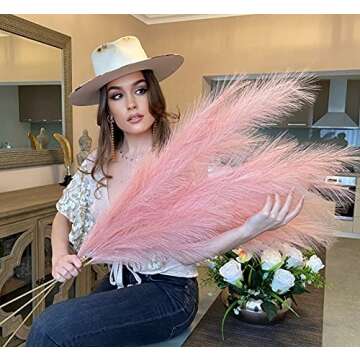 VOULUX Pink Fake Artificial Faux Pampas Grass Large Bundle x3 Tall 115cm 45" Extra Fluffy Stems Decorative Branches for Artificial Floor Plant Vase Fillers for Boho Chic Pink Home Living Room Decor