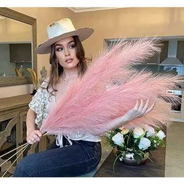 VOULUX Pink Fake Artificial Faux Pampas Grass Large Bundle x3 Tall 115cm 45" Extra Fluffy Stems Decorative Branches for Artificial Floor Plant Vase Fillers for Boho Chic Pink Home Living Room Decor