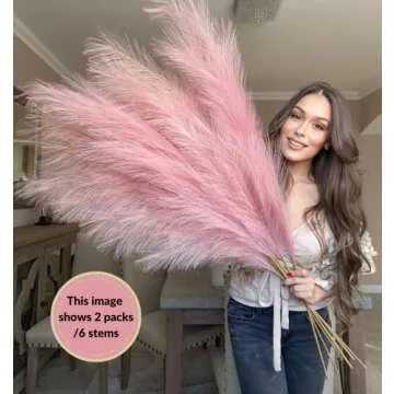 VOULUX Pink Fake Artificial Faux Pampas Grass Large Bundle x3 Tall 115cm 45" Extra Fluffy Stems Decorative Branches for Artificial Floor Plant Vase Fillers for Boho Chic Pink Home Living Room Decor