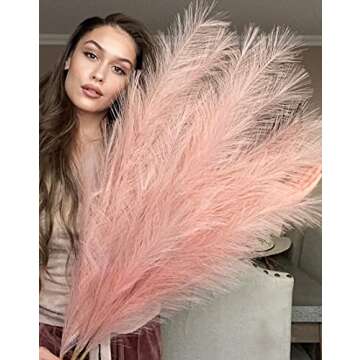 VOULUX Pink Fake Artificial Faux Pampas Grass Large Bundle x3 Tall 115cm 45" Extra Fluffy Stems Decorative Branches for Artificial Floor Plant Vase Fillers for Boho Chic Pink Home Living Room Decor