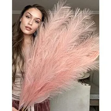 VOULUX Pink Fake Artificial Faux Pampas Grass Large Bundle x3 Tall 115cm 45" Extra Fluffy Stems Decorative Branches for Artificial Floor Plant Vase Fillers for Boho Chic Pink Home Living Room Decor