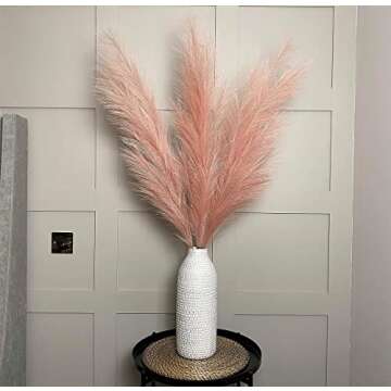 VOULUX Pink Fake Artificial Faux Pampas Grass Large Bundle x3 Tall 115cm 45" Extra Fluffy Stems Decorative Branches for Artificial Floor Plant Vase Fillers for Boho Chic Pink Home Living Room Decor