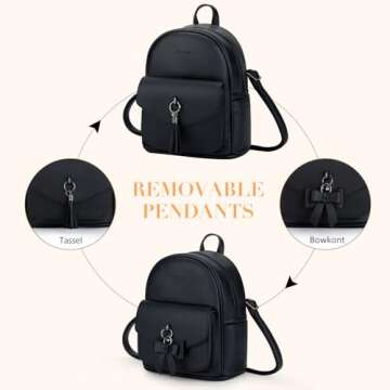 ECOSUSI Mini Backpack for Women Girls Cute Bowknot Small Backpack Purse Ladies Leather Bookbag Satchel Bag, with Charm Tassel Black