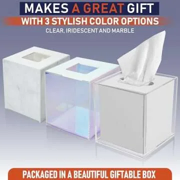 Acrylic Tissue Box Holder, Clear Tissue Dispenser for Facial Tissues, Napkins, and Dryer Sheets. Perfect for Bathrooms, Desks, Countertops, Vanities, Bedrooms, and Nightstands
