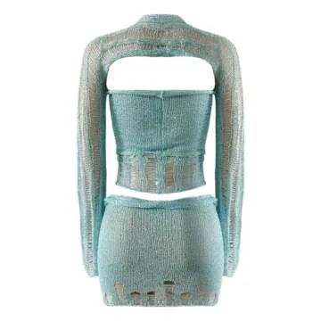 HGps8w Women's Crochet Sequin 2 Piece Outfits, Sexy Long Sleeve Crop Top with Mini Skirt Knitted Teens Y2k Sparkle Dress Sets