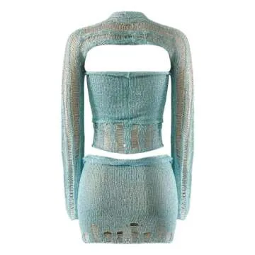 HGps8w Women's Crochet Sequin 2 Piece Outfits, Sexy Long Sleeve Crop Top with Mini Skirt Knitted Teens Y2k Sparkle Dress Sets