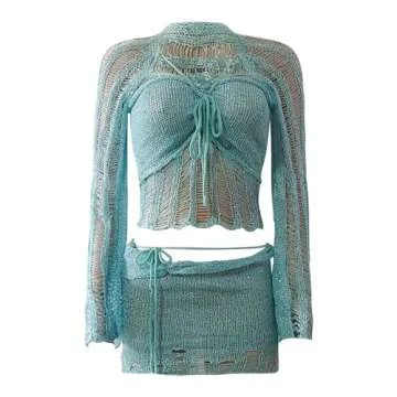 HGps8w Women's Crochet Sequin 2 Piece Outfits, Sexy Long Sleeve Crop Top with Mini Skirt Knitted Teens Y2k Sparkle Dress Sets