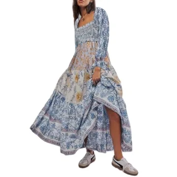 Women Spring Dresses Flowy Smocked Maxi Dress Long Sleeve Square Neck Boho Dresses Y2k Floral Party ...