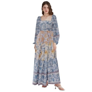 Women Spring Dresses Flowy Smocked Maxi Dress Long Sleeve Square Neck Boho Dresses Y2k Floral Party Sundresses, Sky Blue, Small