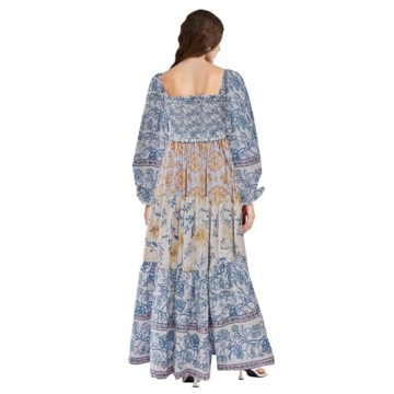 Women Spring Dresses Flowy Smocked Maxi Dress Long Sleeve Square Neck Boho Dresses Y2k Floral Party Sundresses, Sky Blue, Small