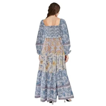 Women Spring Dresses Flowy Smocked Maxi Dress Long Sleeve Square Neck Boho Dresses Y2k Floral Party Sundresses, Sky Blue, Small
