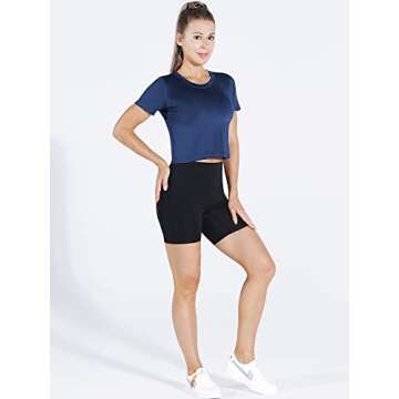 CADMUS Women's Dry Fit Crop Top Yoga Short Sleeve Shirts Crew Neck Athletic Running Tee 3 Pieces, Black, Grey, Navy Blue, Small