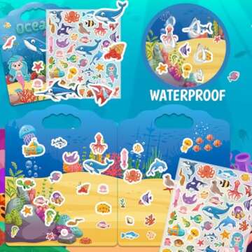 2 Set Reusable Sticker Books for Kids, Princess&Ocean Sticker Books for Kids,Toddler Sticker Books, Sticker Books for Toddlers, Kids Puffy Sticker Activity Books for Girls Boys Birthday Gifts