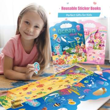 2 Set Reusable Sticker Books for Kids, Princess&Ocean Sticker Books for Kids,Toddler Sticker Books, Sticker Books for Toddlers, Kids Puffy Sticker Activity Books for Girls Boys Birthday Gifts