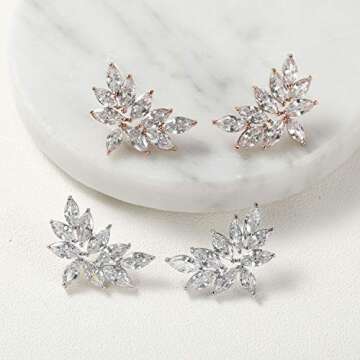 SWEETV Bridal Wedding Earrings for Brides Bridesmaid, Marquise Rose Gold Cubic Zirconia Rhinestone Cluster Earrings for Women, Prom
