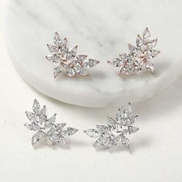 SWEETV Bridal Wedding Earrings for Brides Bridesmaid, Marquise Rose Gold Cubic Zirconia Rhinestone Cluster Earrings for Women, Prom