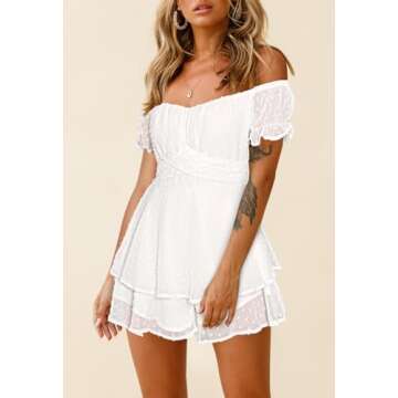 Fixmatti Women Summer Square Neck Ruffle Romper Puff Short Sleeve Swiss Dot Tiered Mini Jumpsuit Whi...