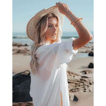 Women's V-Neck Button Down Beach Cover Up Shirt