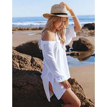 Women's V-Neck Button Down Beach Cover Up Shirt