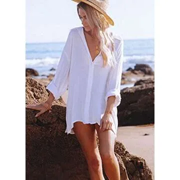 Women's V-Neck Button Down Beach Cover Up Shirt