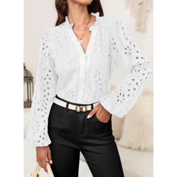 Dokotoo Long Sleeve Button Down Shirts for Women V Neck T Tshirts Womens Fall Tops 2024 Teacher Outfits Business Dressy Casual Embroidered Lace Tops for Women Eyelet Cute Blouses White