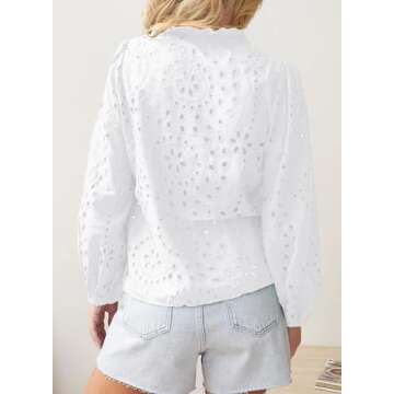 Dokotoo Long Sleeve Button Down Shirts for Women V Neck T Tshirts Womens Fall Tops 2024 Teacher Outfits Business Dressy Casual Embroidered Lace Tops for Women Eyelet Cute Blouses White