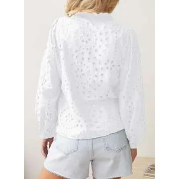 Dokotoo Long Sleeve Button Down Shirts for Women V Neck T Tshirts Womens Fall Tops 2024 Teacher Outfits Business Dressy Casual Embroidered Lace Tops for Women Eyelet Cute Blouses White