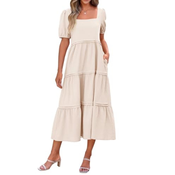 KIRUNDO Women Summer Dresses 2024 Spring Fashion Boho Puff Sleeve Square Neck Pocketed Loose Fit Tiered Flowy Maxi Dress