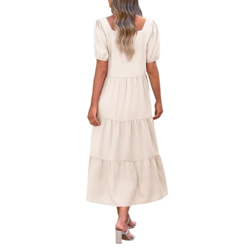 KIRUNDO Women Summer Dresses 2024 Spring Fashion Boho Puff Sleeve Square Neck Pocketed Loose Fit Tiered Flowy Maxi Dress