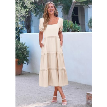 KIRUNDO Women Summer Dresses 2024 Spring Fashion Boho Puff Sleeve Square Neck Pocketed Loose Fit Tiered Flowy Maxi Dress