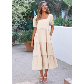 KIRUNDO Women Summer Dresses 2024 Spring Fashion Boho Puff Sleeve Square Neck Pocketed Loose Fit Tiered Flowy Maxi Dress