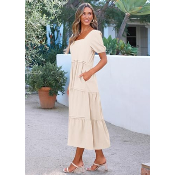 KIRUNDO Women Summer Dresses 2024 Spring Fashion Boho Puff Sleeve Square Neck Pocketed Loose Fit Tiered Flowy Maxi Dress