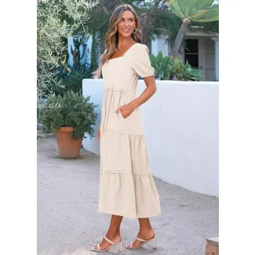 KIRUNDO Women Summer Dresses 2024 Spring Fashion Boho Puff Sleeve Square Neck Pocketed Loose Fit Tiered Flowy Maxi Dress