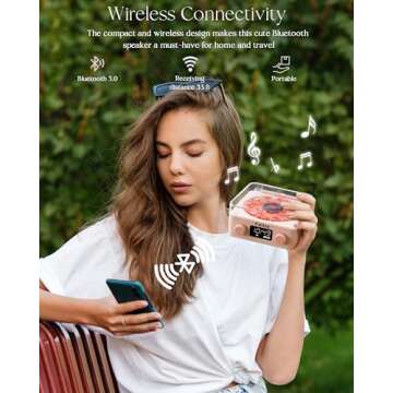 Faitio Waves Vinyl Bluetooth Speaker, Vinyl Record Player Style Speaker with Ocean Sound White Noise, Retro Bluetooth Speaker with Ambient Light, Mini Record Player Cute Speaker, Pink