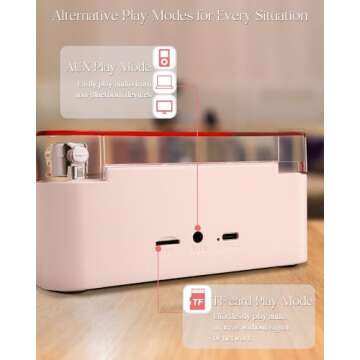 Faitio Waves Vinyl Bluetooth Speaker, Vinyl Record Player Style Speaker with Ocean Sound White Noise, Retro Bluetooth Speaker with Ambient Light, Mini Record Player Cute Speaker, Pink