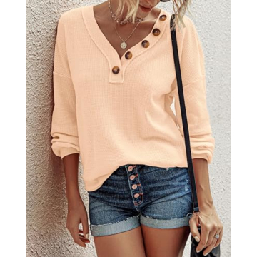 BTFBM Women’s Waffle Knit V-Neck Blouse for Fall 2025