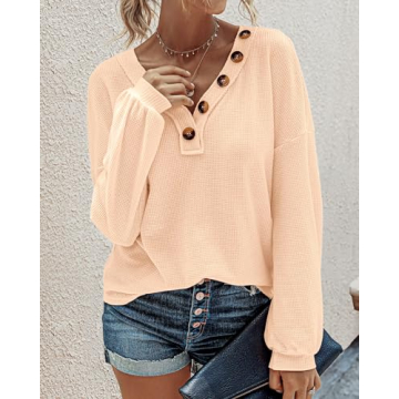 BTFBM Women’s Waffle Knit V-Neck Blouse for Fall 2025