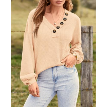 BTFBM Women’s Waffle Knit V-Neck Blouse for Fall 2025