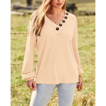 BTFBM Women’s Waffle Knit V-Neck Blouse for Fall 2025