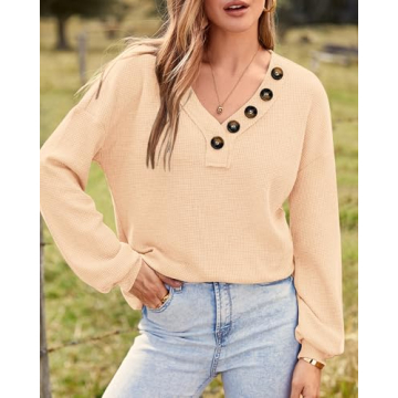 BTFBM Women’s Waffle Knit V-Neck Blouse for Fall 2025