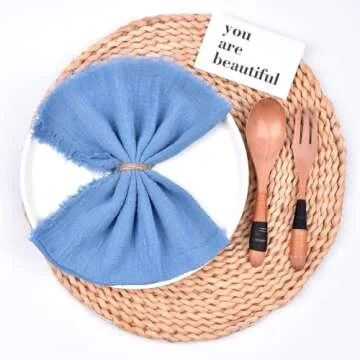 Joanlody Dark Blue 6 Pack Handmade Cloth Napkins Cotton Linen Easter Spring Napkins with Fringe Rustic Bulk Dinner Napkins for Wedding Party Baby Shower Table Decor