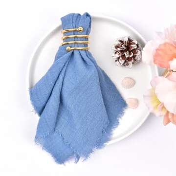 Joanlody Dark Blue 6 Pack Handmade Cloth Napkins Cotton Linen Easter Spring Napkins with Fringe Rustic Bulk Dinner Napkins for Wedding Party Baby Shower Table Decor