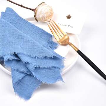 Joanlody Dark Blue 6 Pack Handmade Cloth Napkins Cotton Linen Easter Spring Napkins with Fringe Rustic Bulk Dinner Napkins for Wedding Party Baby Shower Table Decor