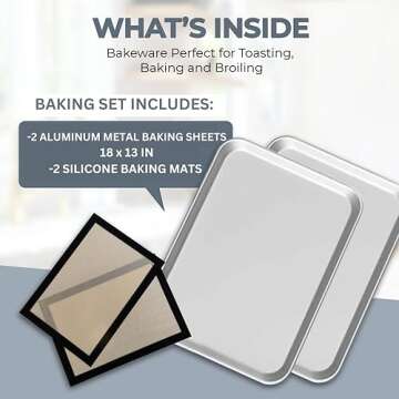 Baking Sheet with Silicone Baking Mat Set, Aluminum Cookie Sheet Pan, Commercial & Home Baking Pan, Half Sheet Pan, Non Toxic, Heavy Duty & Rust Free, Size 13 x 18 x 1 Inches 2-Pack