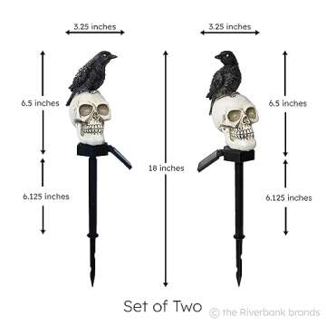 the Riverbank Brands Scary Glowing Skull & Crow Solar Pathway Lights with Glow in The Dark Eyes, Creepy Outdoor Halloween Decorations, Set of 2 Pathway & Driveway Markers