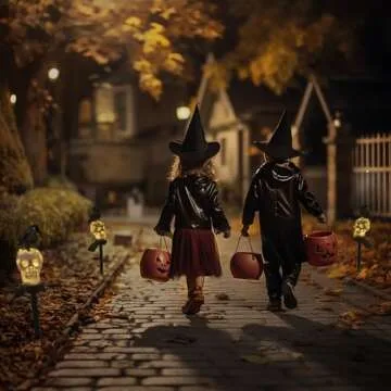 the Riverbank Brands Scary Glowing Skull & Crow Solar Pathway Lights with Glow in The Dark Eyes, Creepy Outdoor Halloween Decorations, Set of 2 Pathway & Driveway Markers