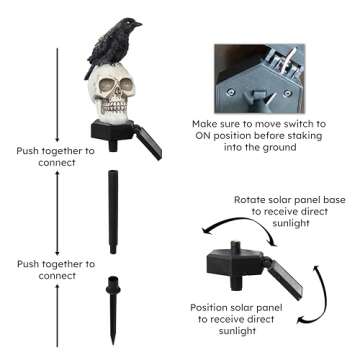 the Riverbank Brands Scary Glowing Skull & Crow Solar Pathway Lights with Glow in The Dark Eyes, Creepy Outdoor Halloween Decorations, Set of 2 Pathway & Driveway Markers